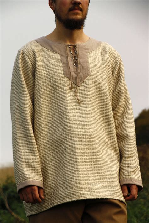 Medieval inspired men's tunic top with lace decorative collar in beige ...