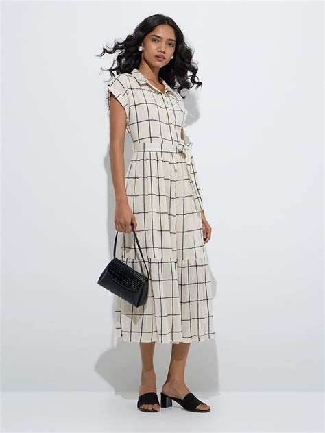 Buy LOV Off-White Checkered Shirt Dress with Belt from Westside