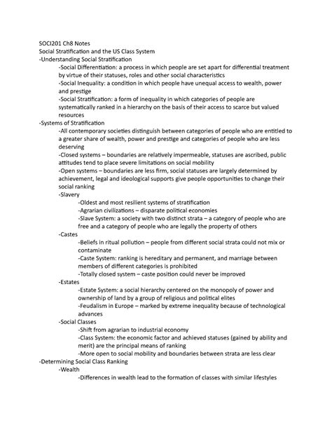 SOCI201 Ch8 Notes - SOCI201 Ch8 Notes Social Stratification and the US ...