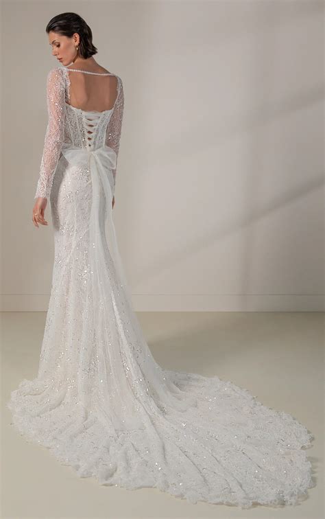 Sparkling Lace Column Wedding Dress with Sheer Sleeves