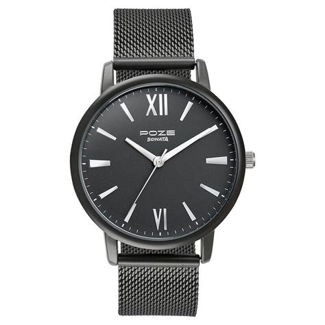 Sonata Poze Quartz Analog Black Dial Mesh Strap Watch for Men