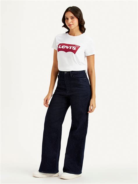 Women's Navy Blue Ribcage Bell Bottom Wide Leg Fit High Rise Jeans ...