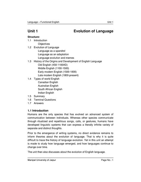 Unit 1-Evolution of Language - Unit 1 Evolution of Language Structure ...