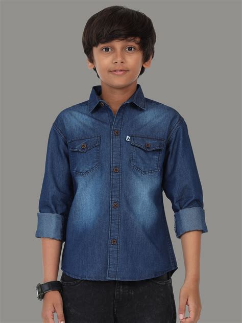 Shop Dark Shade Double Pocket Denim Branded Shirts For Boys