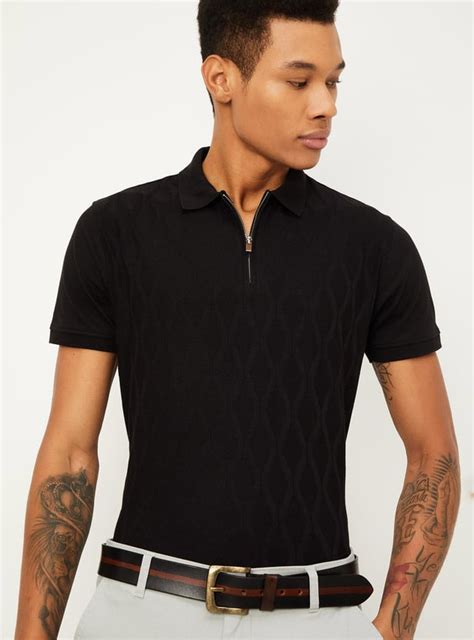 Buy Men Slim Fit Geometric Patterned Zip Polo T-shirt Online at just Rs ...