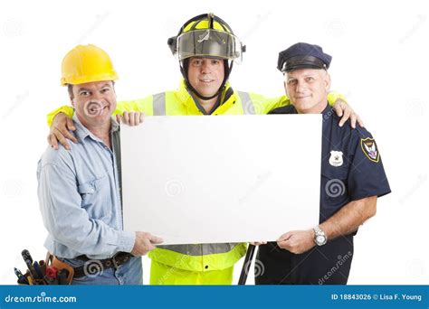 Blue Collar Guys with Sign stock photo. Image of badge - 18843026