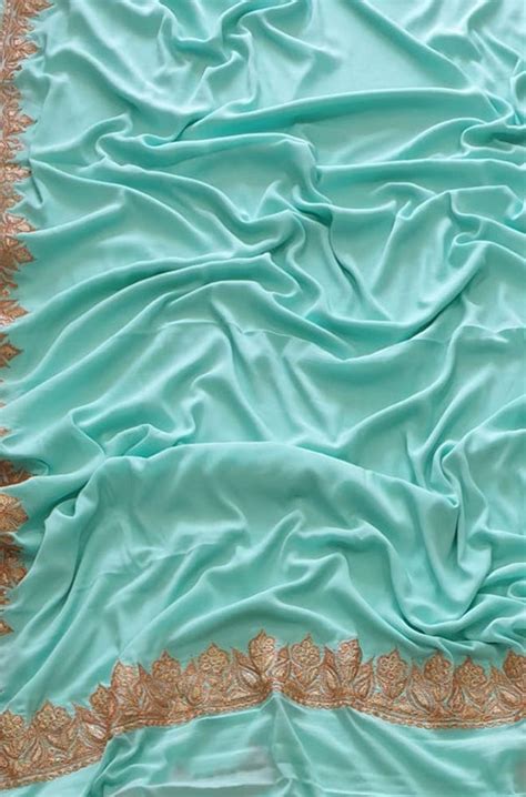 Blue Plain Embroidered Kashmiri Tila Work Crepe Saree - Luxurionworld