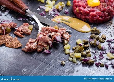 Steak Tartare Preparation. Raw Ground Beef Dish Stock Photo - Image of ...