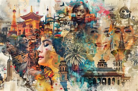 A collage featuring various images on a womans face showcasing diverse cultural symbols from ...