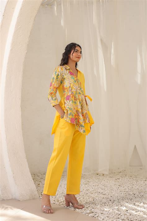 Colour Block Yellow Cotton Co-ord Set