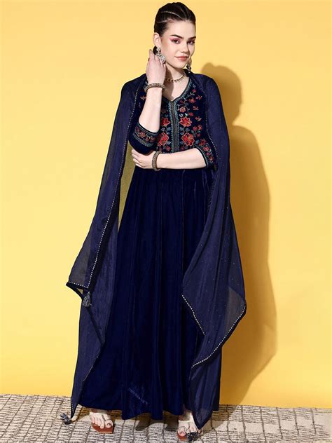 Buy Blue Yoke Design Velvet Anarkali Kurta With Churidar & Dupatta ...