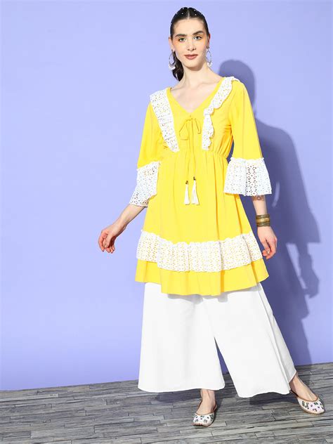 Yellow Lacy Work Dress Palazzo Co-Ord Set