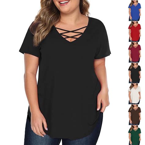 CFLVAEK Plus Size Womens Tshirts Casual Criss Cross V Neck T Shirts Loose Fit Short Sleeve ...