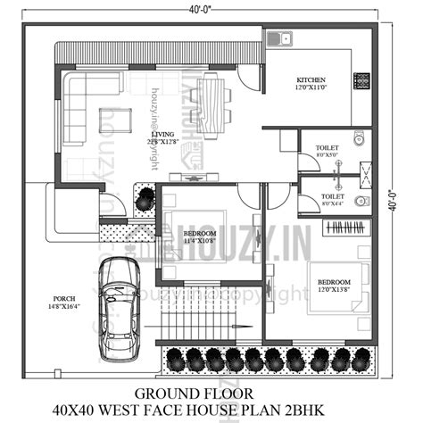 40 x 40 house plans West Facing | 2BHK West Face House Plan | HOUZY.IN