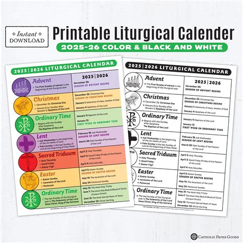 2025-26 Catholic Liturgical Calendar: Color & BW Printable (PDF 8.5x11)