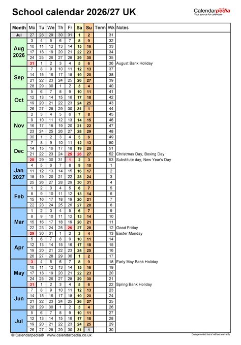 School calendars 2026/27 UK - free printable Excel templates