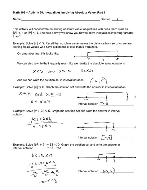 Inequalities Involving Absolute Value Worksheet: Practice Problems and ...