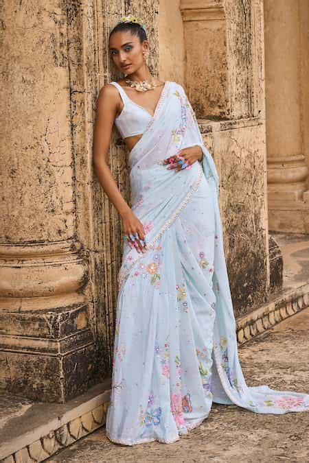 Buy Green Velvet Embroidery Beads Floral Print Embellished Pre-draped ...