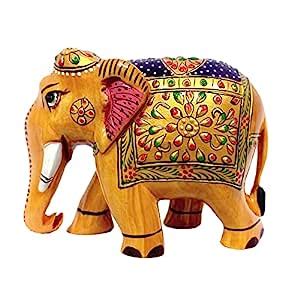 INDIAN CRAFTS Wooden Emboss Painted Elephant Statue (Size: 13cm Length ...