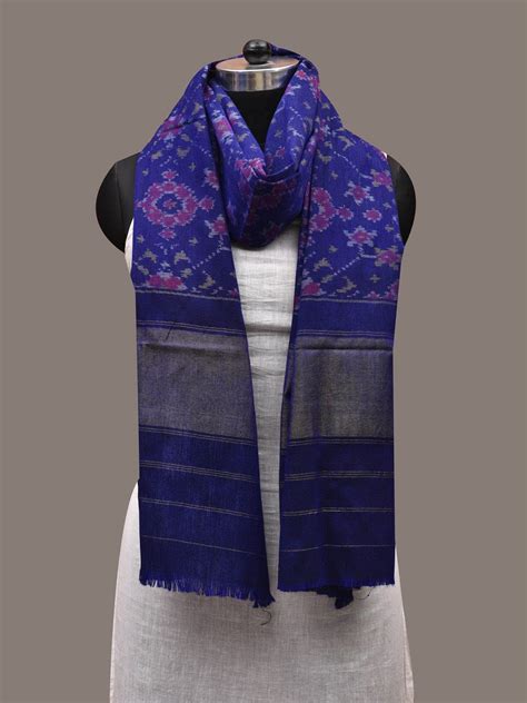 Dark Blue Pochampally Ikat Woolen Handloom Dupatta with Grill Design d ...