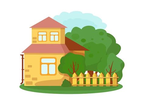 Haus mit Bäumen und einem Zaun. Flache Vektorgrafik. | Premium Vektor