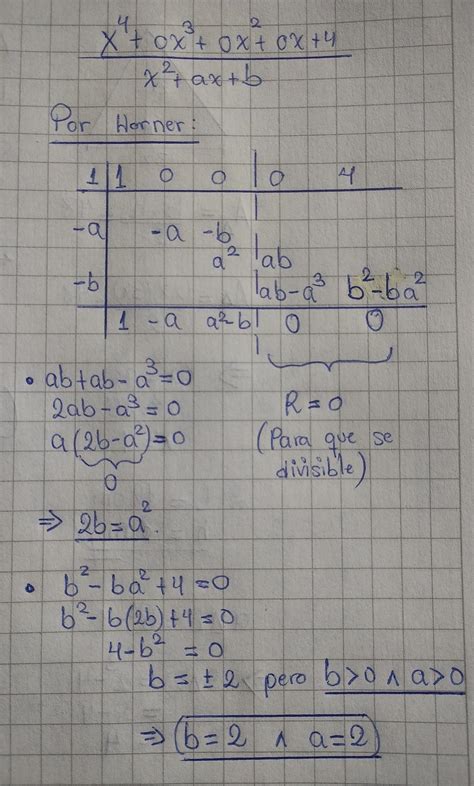 hallar a*b, donde a y b >0 de tal manera que x^4 + 4 sea divisible ...