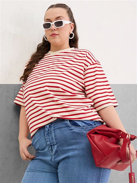 Women Red & Off White Stripe Round Neck T-Shirt