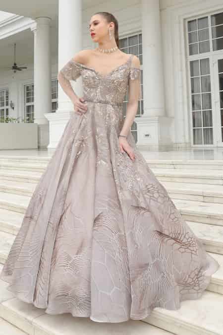 Buy Grey Silk Organza Sequins, Beads Sweetheart Neck Crystal ...