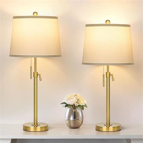 Gold Table Lamps Set of 2, Adjustable Height Tall Lamp with White Shade ...