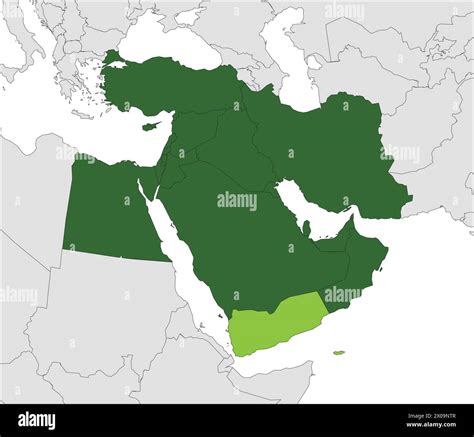 Light green map of YEMEN inside highlighted dark green map of the Middle East Stock Vector Image ...