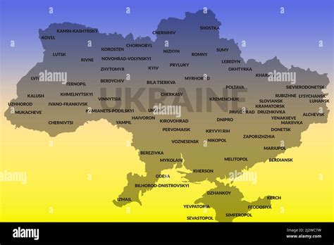 The map of Ukraine in grey color with names of the cities against blue ...