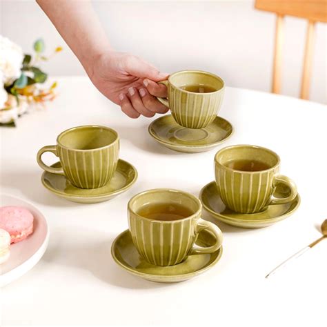 Costola Tea Cup And Saucer Set Of 4 Olive 125ml Online - Premium Tea ...