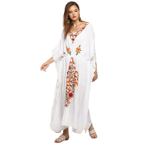 Buy CRAFTBAZAR Women's Boho Floral Embroidered White Kaftan (Free Size ...