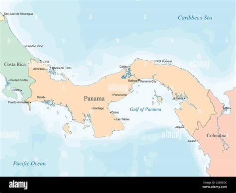 Political map of Panama, showing its borders with Costa Rica and Colombia, major cities, and ...