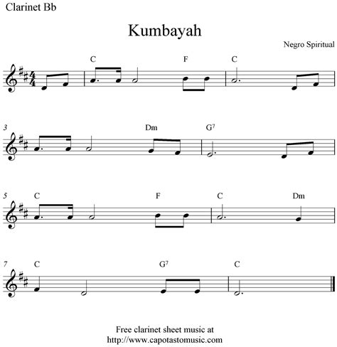 Free easy clarinet sheet music, Kumbayah