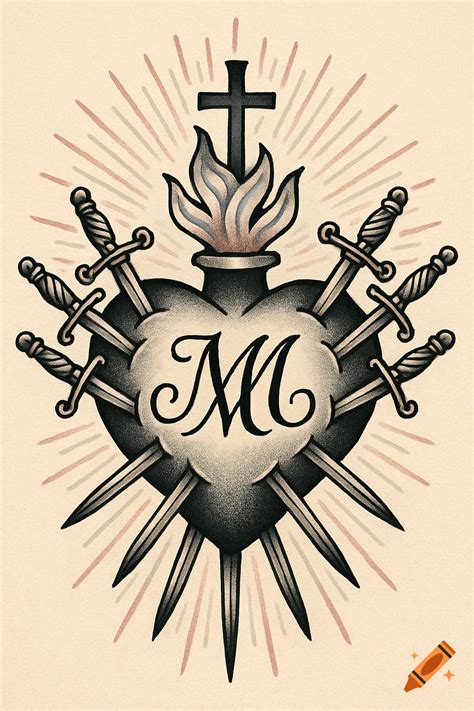 A sacred heart in traditional tattoo style, pierced by seven swords ...