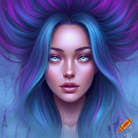 A woman with long blue and purple hair and bright eyes. on Craiyon