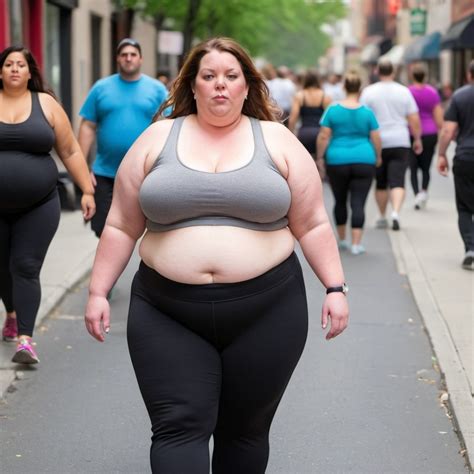 Fat 300 pound fat woman in yoga pants walking down t...