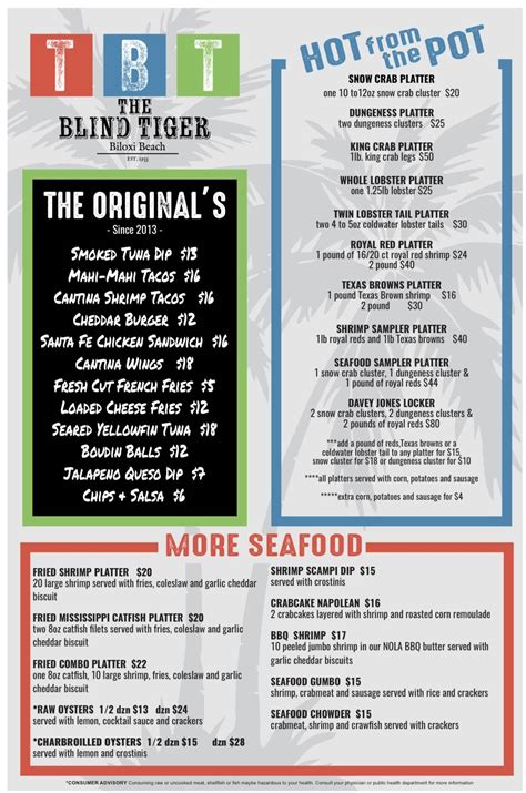 Menu at The Blind Tiger Biloxi Beach pub & bar, Biloxi