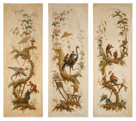 A Set of Three French Chinoiserie Painted Panels, After Jean-Bapiste ...