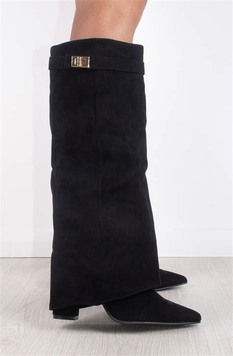 Black Faux Suede Fold Over Shark Classic Buckle Knee High Boot ...