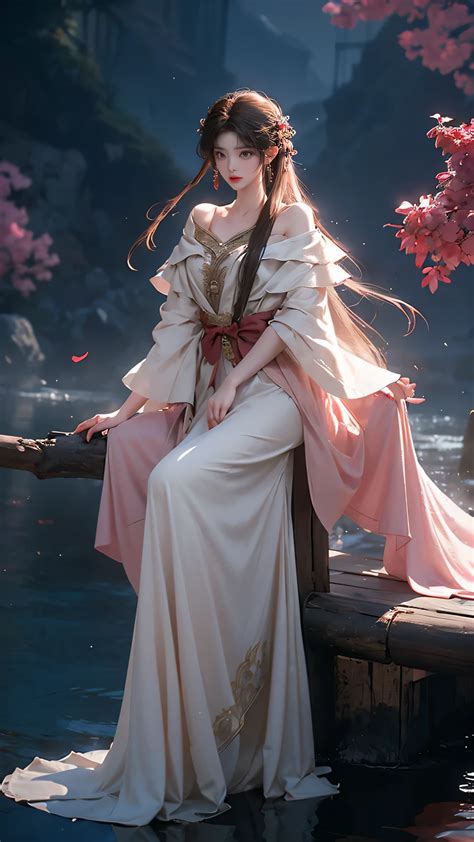 A woman in a long dress sitting on a wooden dock - SeaArt AI