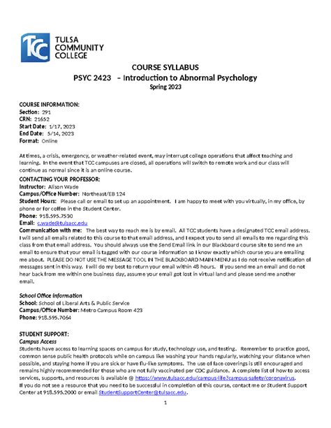 PSYC 2423 Online Syllabus for Introduction to Abnormal Psychology - Studocu
