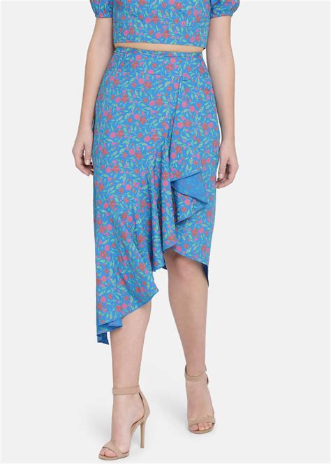 Get Ruffle Detail Blue Floral Printed Asymmetrical Skirt at ₹ 1121 ...
