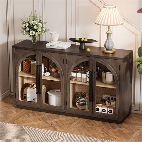4-Door Large Storage Sideboard, 60'' Buffet Cabinet with Glass Doors ...