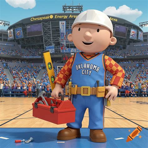 Bob the Builder in an OKC basketball jersey on a court in an arena ...