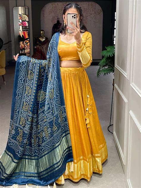 Buy Sweet Yellow Gaji Silk Reception Lehenga Choli With Bandhani ...