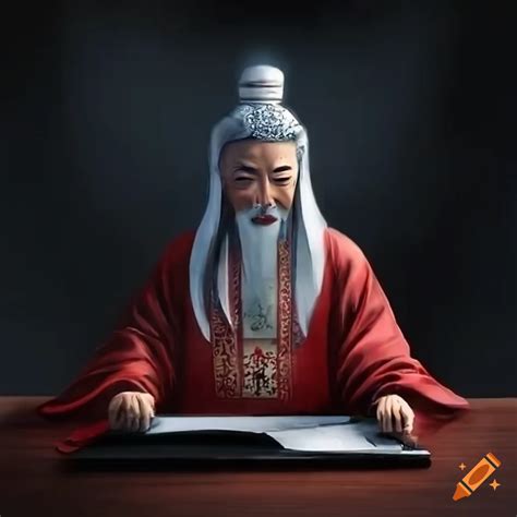 Ink painting of a wise Chinese man at his desk on Craiyon