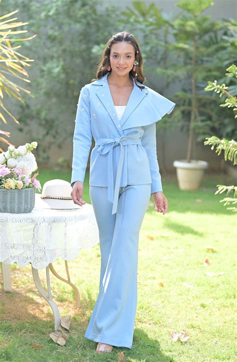 Pastel Blue Embroidered Co Ord Set – Ombrello Clothing