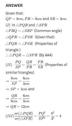 In triangle pqr pq=6 cm pr=8 cm and qr=12 cm. Calculate the area of the ...
